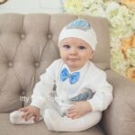 Sky Blue Baby Full Sleeves Body Suit + Bib + Cap Set Jewel Crown 4 season Summer Winter Set