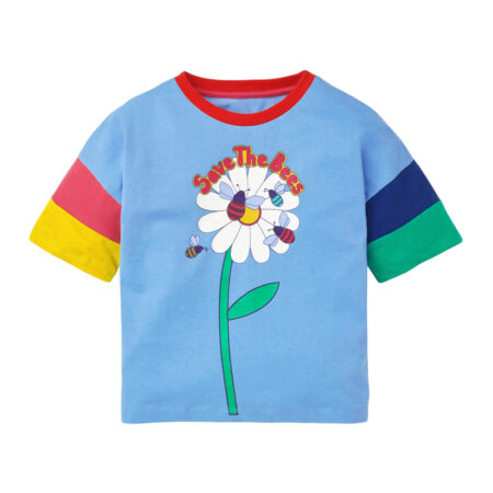 Sky Blue Colorful Sleeves Save the Bees Flower Girls 100% Cotton Summer T Shirt