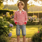 10-12 years Boys American Brand original Lapel Pure cotton red and white striped wash patch long-sleeved t-shirt