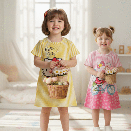 7-12 Years Kitty Striped Long Summer T Shirt