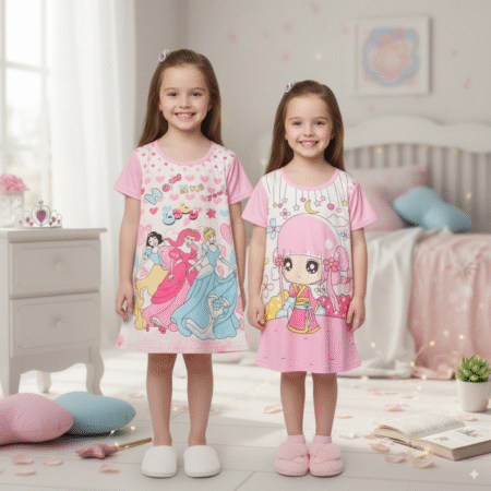 7-12 Years Princess and Doll Printed Pink Long Summer T Shirt