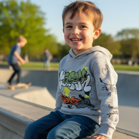 4-10 Years Gray Printed High Quality Hooded Shirt