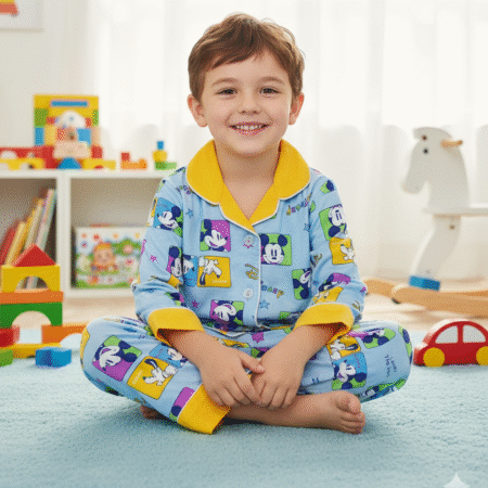 1-7 years Mickey Mouse Sky Blue full Sleeves Collar Shirt and Trouser Sleeping Dress