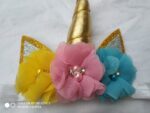 Unicorn Pink 3D Flower, golden Horn Head Band