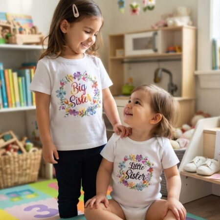 White cotton big sister , little Sister summer half sleeves shirts and romper