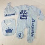 0-12 months Baby boy Sky Blue Customized ordering dinner closed feet zipper body Suit + Bib + cap 3 pcs set