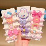 5pcs Children's Cartoon and Bows Fabric Hair Elastic Rubber Band