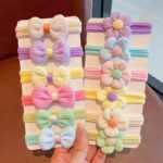 Crinkle Fabric Hand Made Flower and Bow 6 Color Hair Ropes Set
