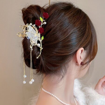 Rose Butterfly Tassel Metal Large Hair Catcher for Women