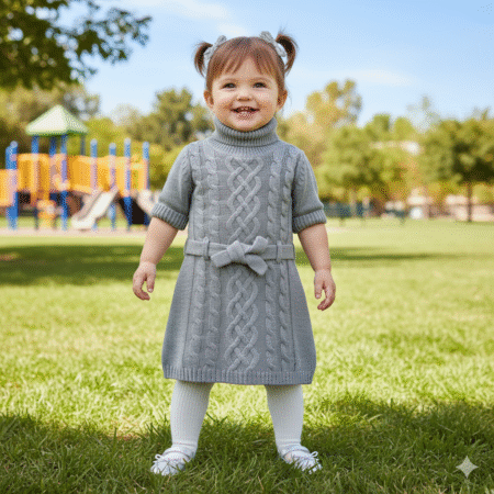 9 Month-3 Year Double Neck Long Wool Frock With Belt