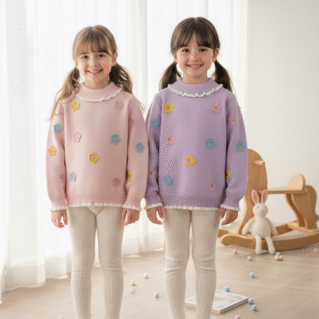 2-8 Years Floral Embroidered Inner Coral Fur Extra Warm Full Sleeves Cardigan