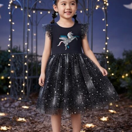 Classy Navy-Blue Star Sequence Rainbow Unicorn Net Frock