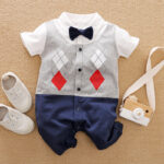 0-3 Months Baby Navy Bow Gray Oxford Summer Gentleman Cotton Romper