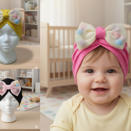 Adorable Baby Multi Pom Bow Turban Comfortable Soft Hat Cap