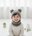 0-5 Years Bear Baby Boy/Girl Wool Poom Cap with Neck Collar