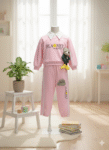 3D Bear Attached Pink Winter Thick Cotton Collar Shirt And Trouser Tracksuit