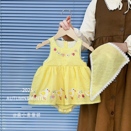 Yellow Duck Embroidered Cotton Dress with Matching Hat & Bloomer