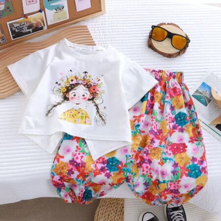 1-8 Years Printed T-Shirt & Floral Balloon Pants Set – Summer Cotton Two Piece Outfit