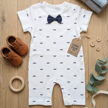 Mustache Print Romper with Navy Bowtie