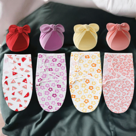 New Baby Swaddle & Sloid Clr Bow Cap Summer Cotton Hug Wrapping Swaddle