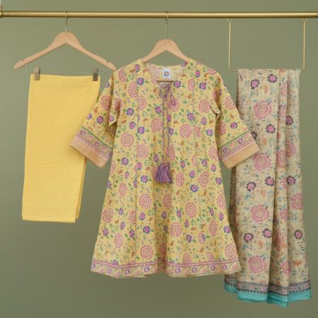 7-16 Years Girl Yellow Floral Lawn 3 Pcs Frock