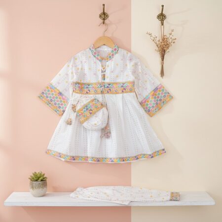 2-10 Years Girls White Multi Lawn 3-Piece Ethnic Dress with Crossbody Bag