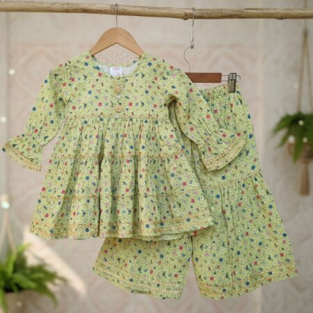 2-10 Years Girls Green Floral 2-Piece Lawn Dress Set