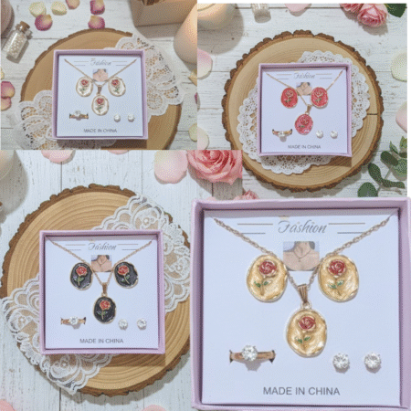 Vintage Rose Jewelry Set With Adjustable Ring