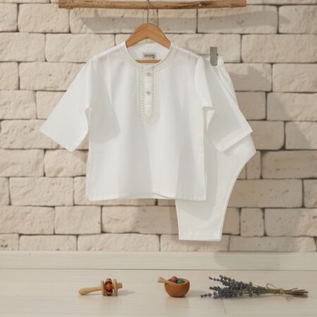 0-1 Year Boys' Premium Embroidered White Kurta Shalwar For Summer