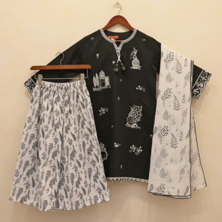 4-12 Years Girls White Black Embroidered Lawn 3-Piece Jacard Dress