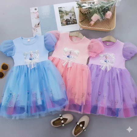 3-8 years Girl Elsa Printed Bottom Puff Sleeves Net Frock