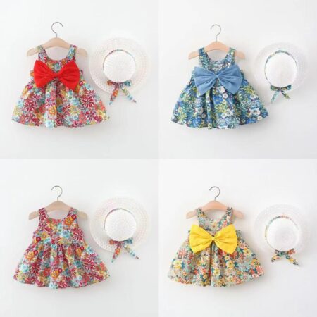 Baby Girls' Summer Floral Sun Dress & Straw Hat Set