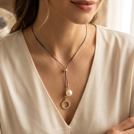 Elegant Lariat Pearl & Pavé Circle Necklace