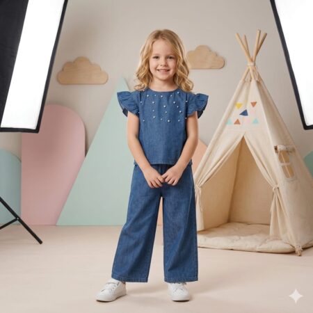 2-6 years Charming Chambray Denim Two-Piece Set with Pearl Accents