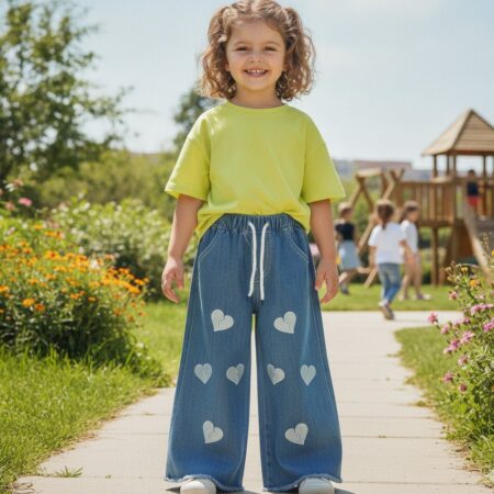 4-10 Years Girls Heart Embroidered Flapper Ribbed Jeans Pants With Elastic Waist