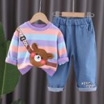 6M-4 Year Boys Denim with Striped Bear Purple Sweat Shirt
