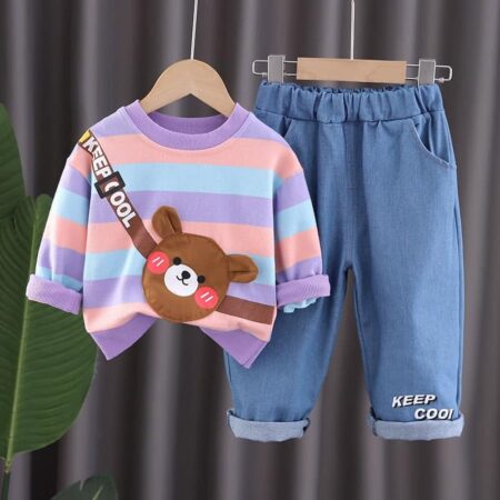 6M-4 Year Boys Denim with Striped Bear Purple Sweat Shirt