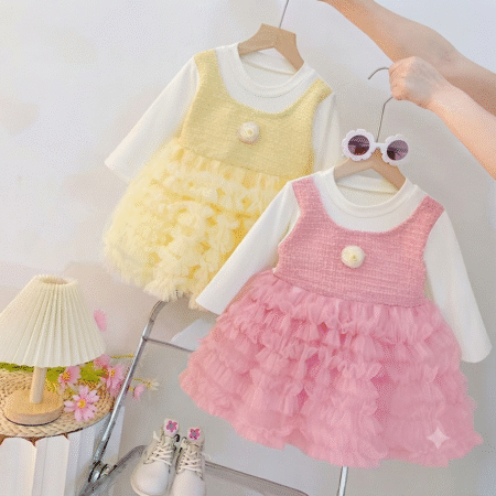 Baby Girls Ruffle Tulle Dress with Tweed Bodice