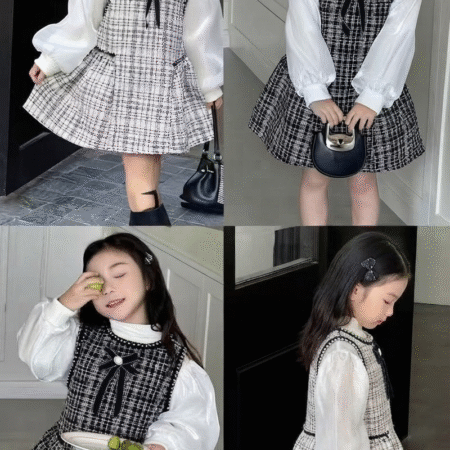 Girls Elegant Tweed Dress with Attached Puff Sleeves