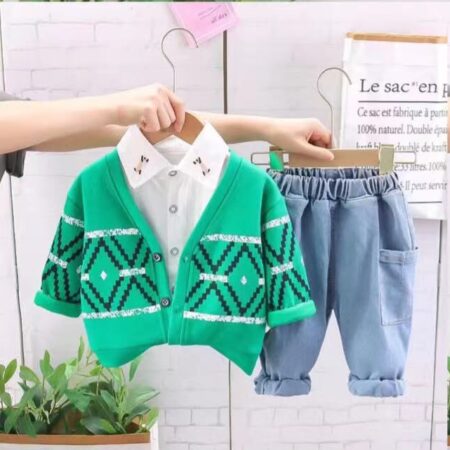 Boys Cardigan, Shirt & Denim Pants 3-Piece Outfit Set