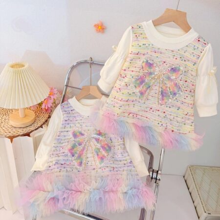 Girls Rainbow Bow Tweed Dress