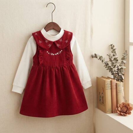 Embroidered Corduroy Frock Set