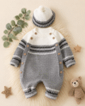 Gray & White Knitted Baby Romper with Matching Pom-Pom Cap