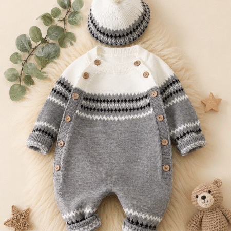 Gray & White Knitted Baby Romper with Matching Pom-Pom Cap