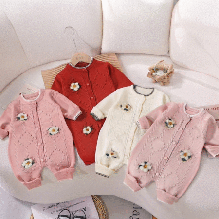 3D Floral Knit Baby Romper