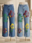 4-12 Years Girls Printed Flapper Ribbed Denim Pants With Elastic Waist