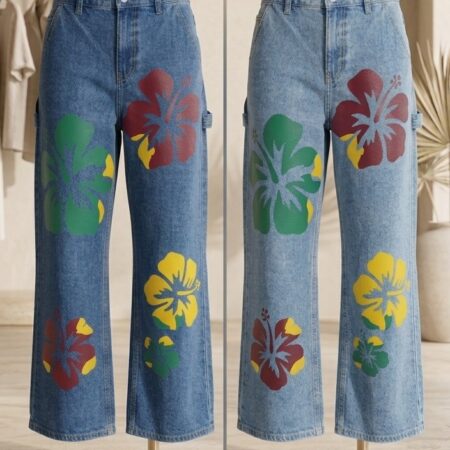 4-12 Years Girls Printed Flapper Ribbed Denim Pants With Elastic Waist