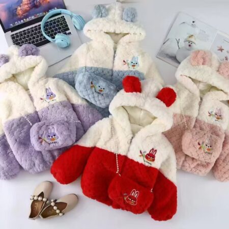 Girls Coral Velvet Winter Jacket with Matching Bag