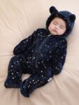 3M-12 M Baby Winter Fleece Hooded Romper with Bear Ears & Star Print