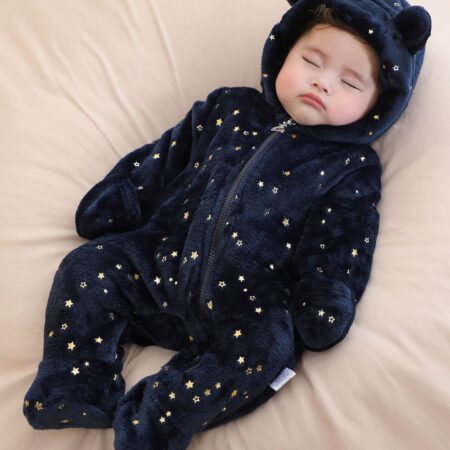 3M-12 M Baby Winter Fleece Hooded Romper with Bear Ears & Star Print